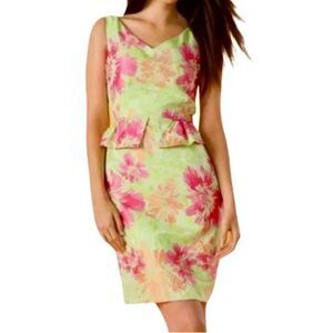Tahari ASL V Neck Floral Sleeveless Peplum Dress in Green/Pink/Orange Women’s 10